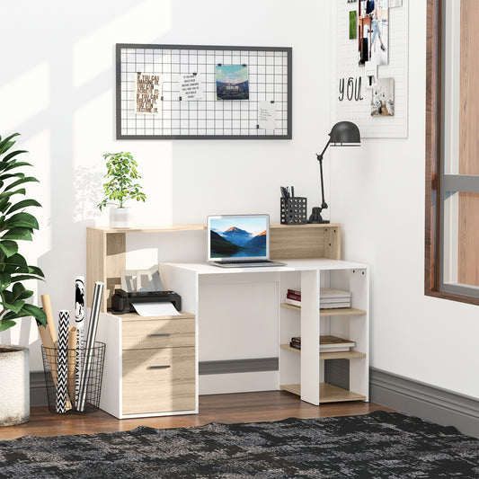 Computer Desk with Drawers and Storage Shelves, Reception Desk, Study Workstation for Home Office, 137 x 55 x 92cm, Oak and White, HOMCOM, 2