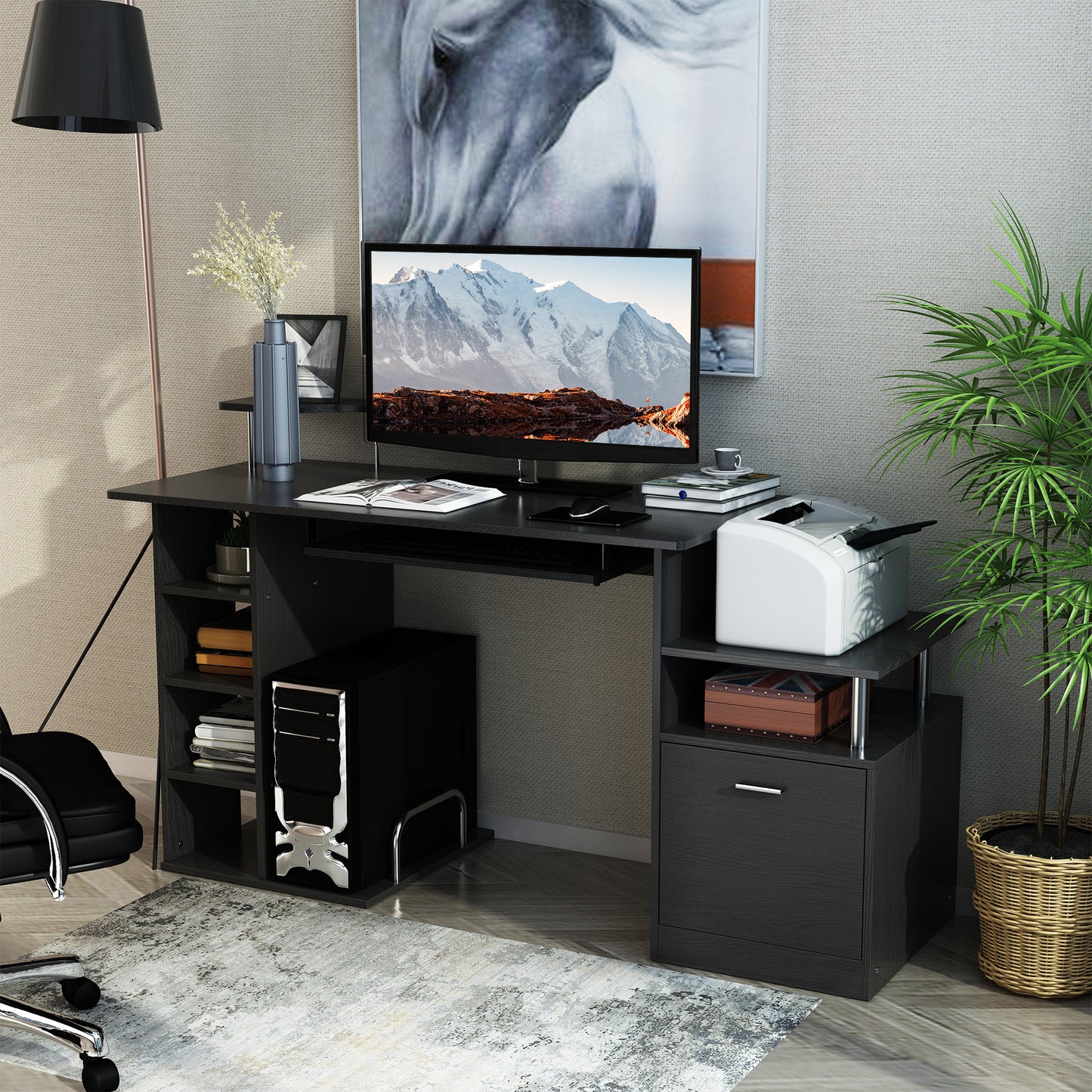 Computer Desk PC Workstation with Drawer Shelves CPU Storage Rack Home Office Furniture 152 x 60 x 88cm (BLACK), HOMCOM, 7
