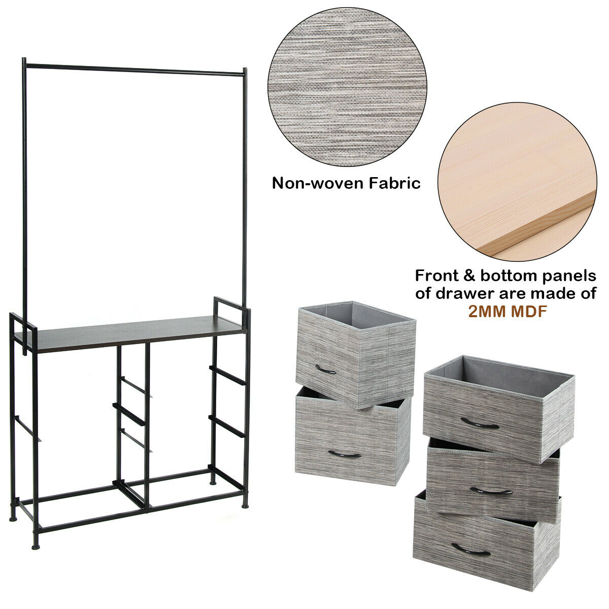 Fabric Storage Organizer with Clothes Rack and Drawers, Costway, 6