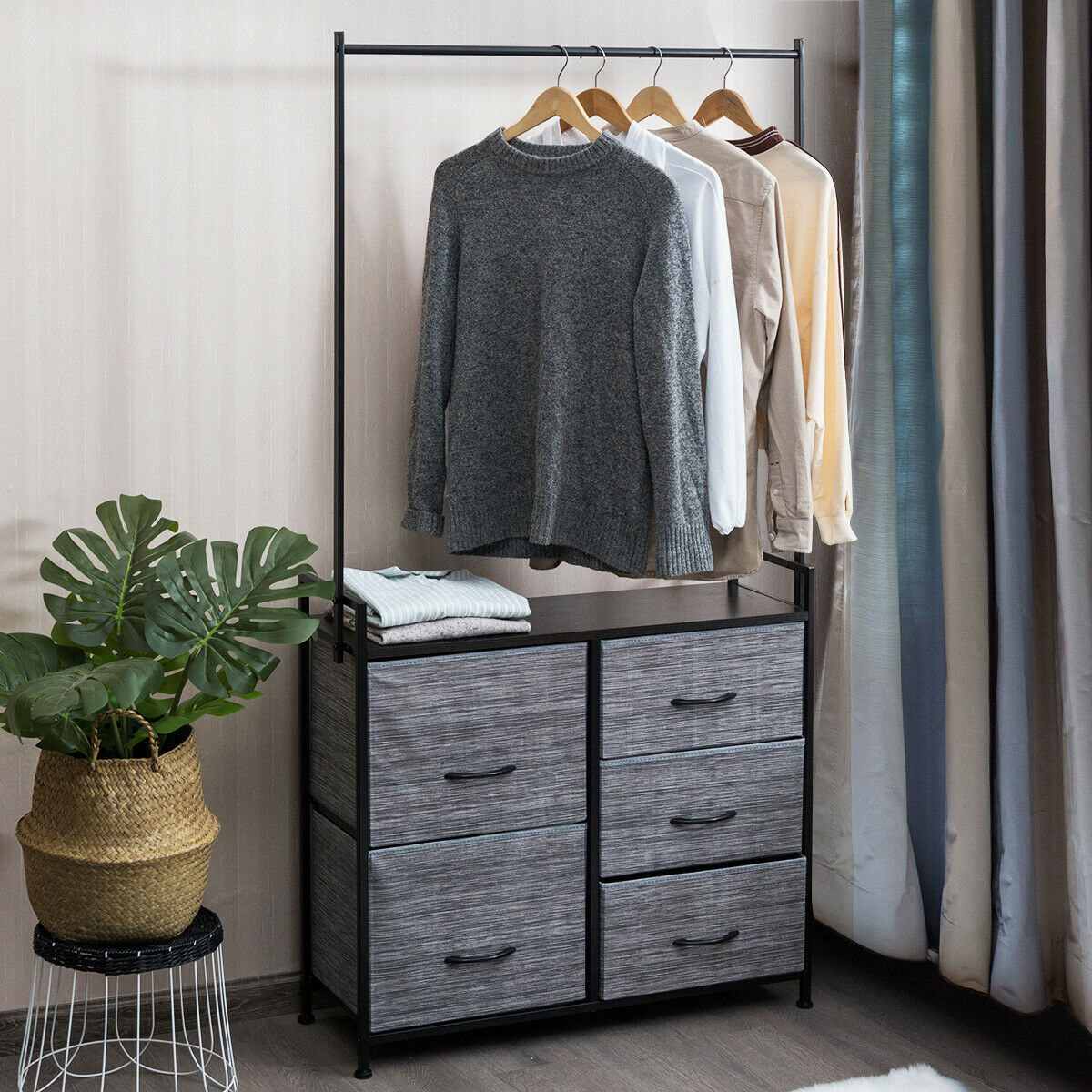 Fabric Storage Organizer with Clothes Rack and Drawers, Costway, 2