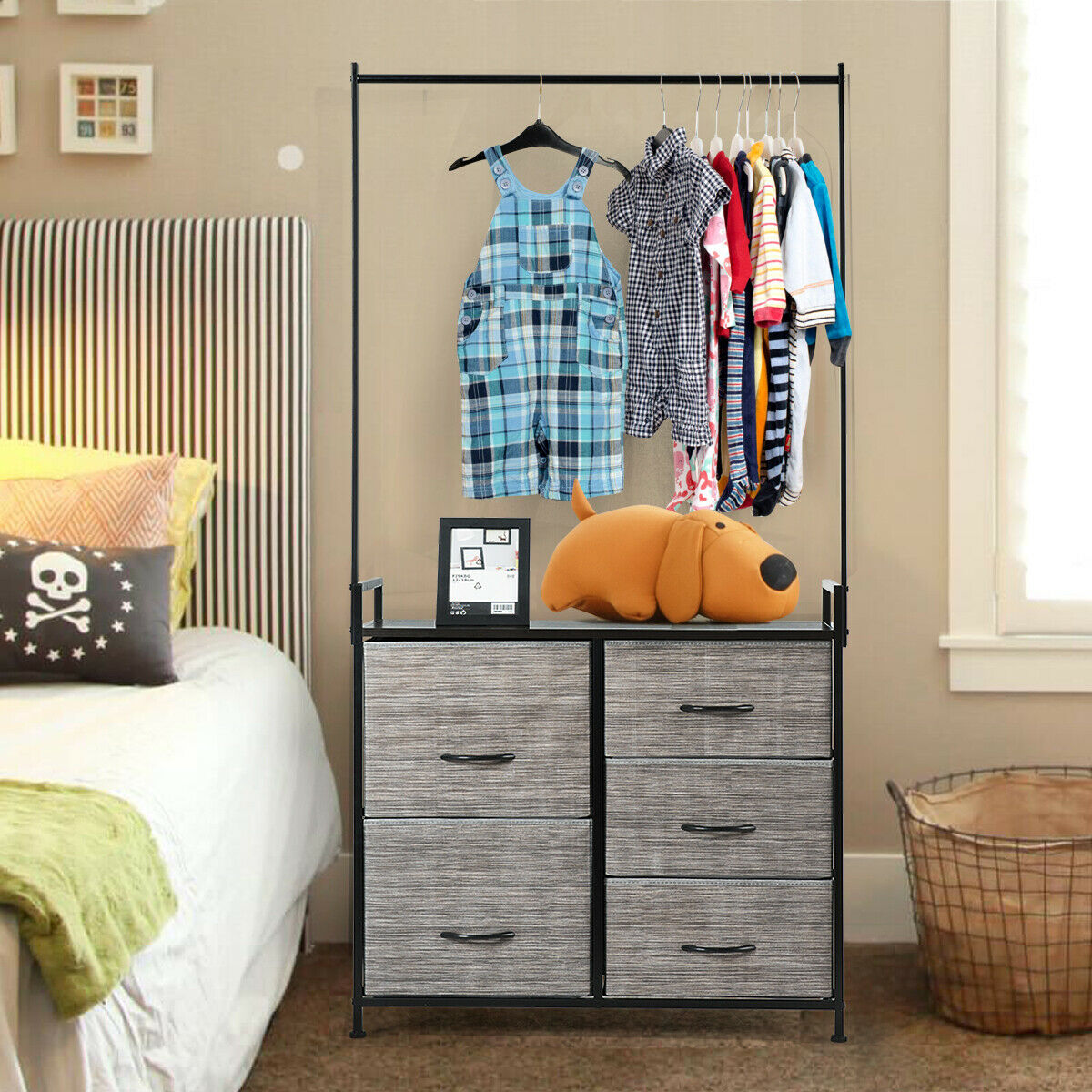 Fabric Storage Organizer with Clothes Rack and Drawers, Costway, 7