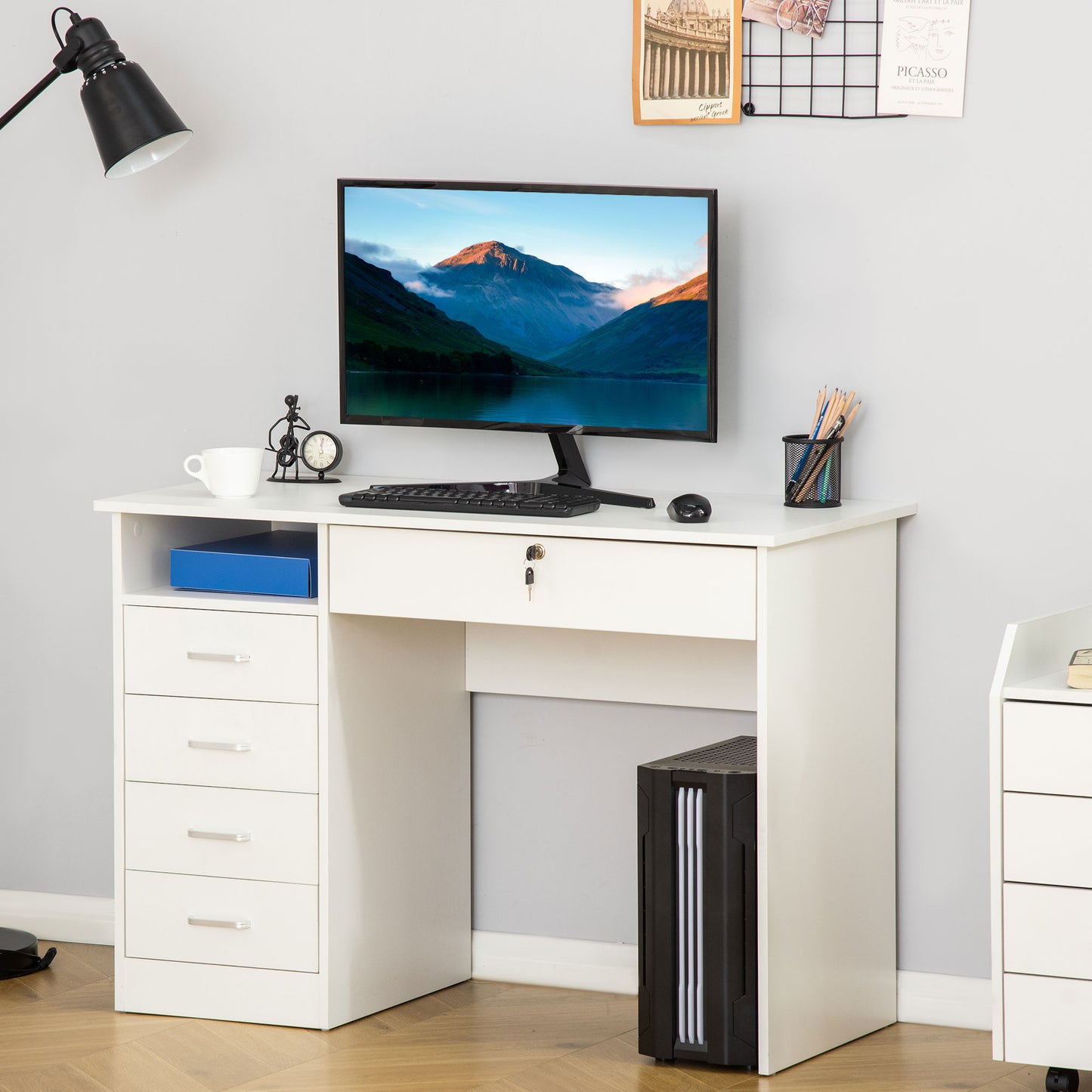 Computer Desk, Home Office Desk with Lockable Drawer, Storage Shelf for Study Bedroom, 110 x 50 x 76 cm, White, HOMCOM, 2