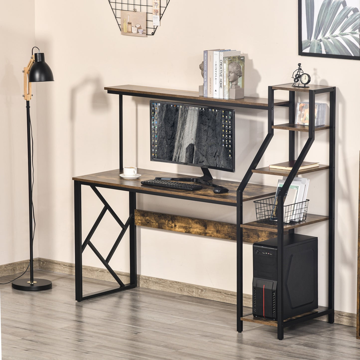 Computer Desk with Bookshelf, Industrial Writing Table with 6 Tier Storage Shelves for Home Office, Bedroom, Study, 150 x 55 x 138cm, Rustic Brown, HOMCOM, 7