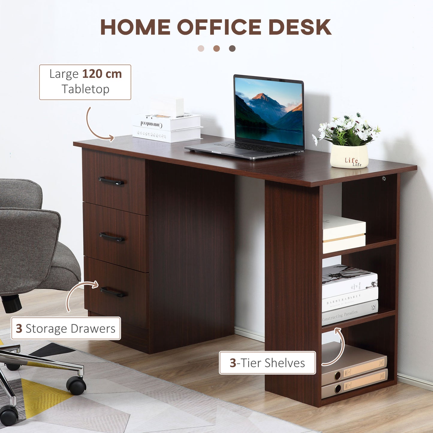 Computer Desk, Writing Table, PC Workstation with 3 Storage Shelves and Drawers, Black Handle, for Home Office, Walnut Brown, HOMCOM, 4