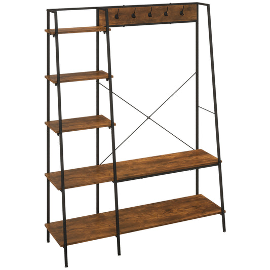 Clothes Rail, Metal Clothes Rack with Shoe Rack, 5 Tier Storage Shelves, 5 Side Hooks, Coat Stand for Bedroom, Living Room, Hallway, Rustic Brown and Black, HOMCOM, 1