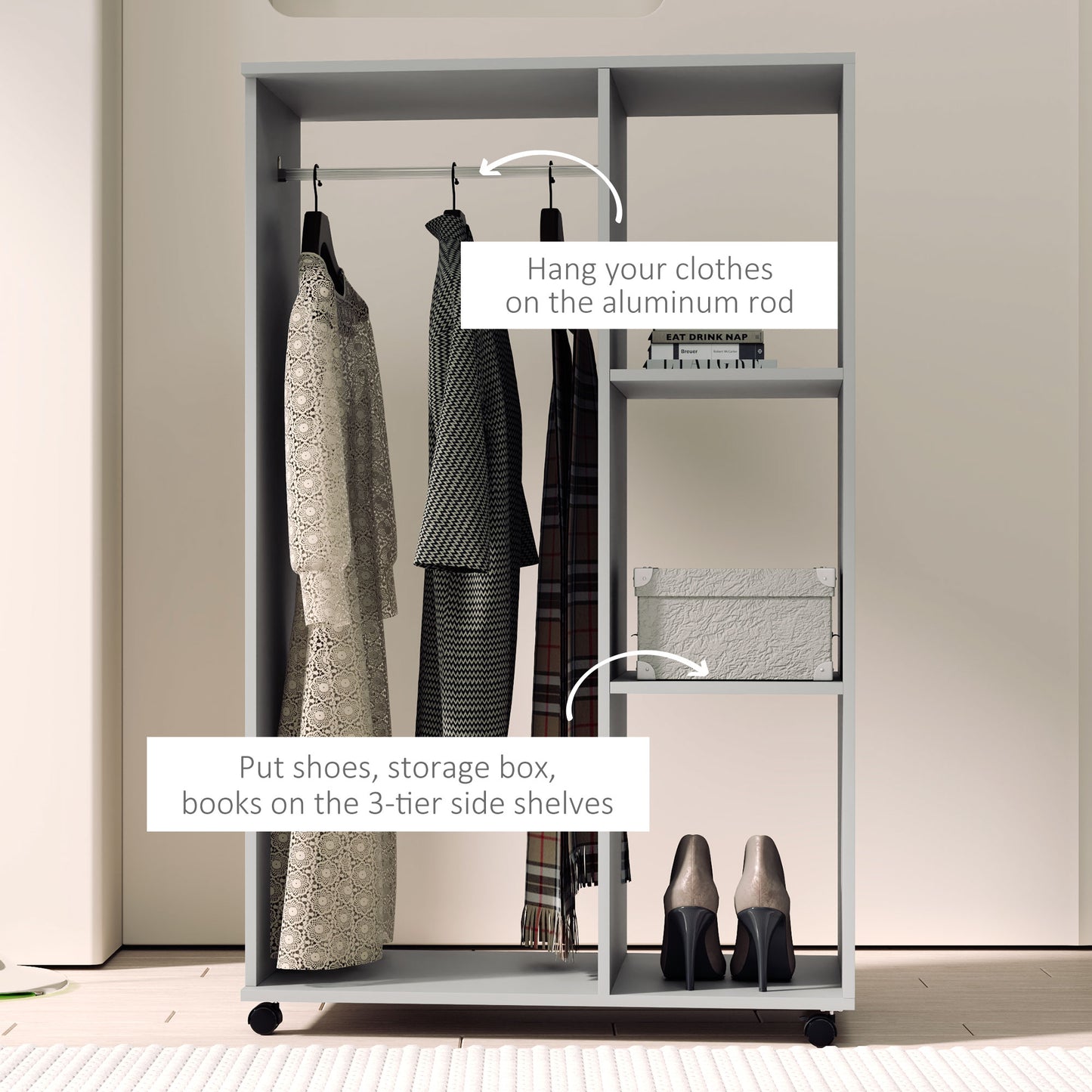 Open Wardrobe on Wheels with Clothes Rail, Bedroom Clothes Storage with Hanging Rod, 3 Storage Shelves, Mobile Garment Rack for Cloakroom, Hallway, Grey, HOMCOM, 7