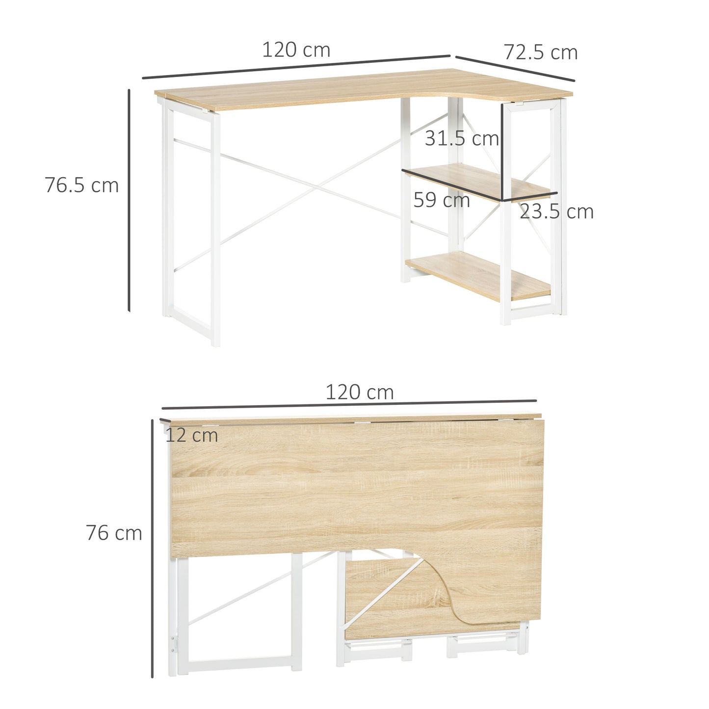 Folding Desk, L Shaped Desk, Corner Computer Desk with 2-Tier Storage Shelf for Home Office, Study Room, Workstation, Easy Assembly, 120 x 72.5 x 76.5cm, Oak Tone, HOMCOM, 3