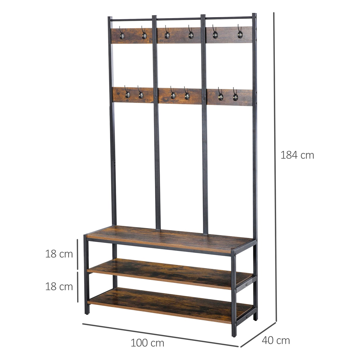 Coat Rack Stand, Free Standing Hall Tree, Coat Stand with Hooks, Bench and Shoe Rack, 100cm x 40cm x 184cm, Industrial Style, Rustic Brown and Black, HOMCOM, 3