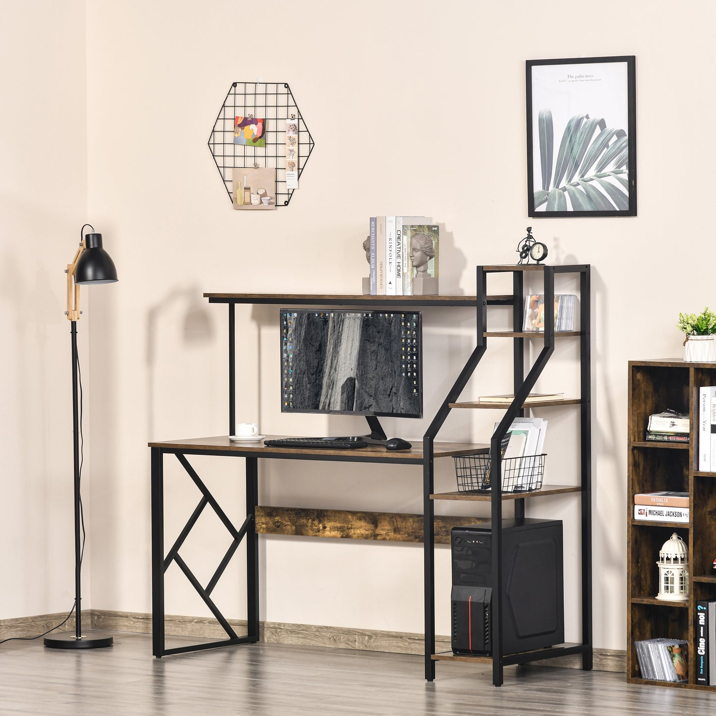 Computer Desk with Bookshelf, Industrial Writing Table with 6 Tier Storage Shelves for Home Office, Bedroom, Study, 150 x 55 x 138cm, Rustic Brown, HOMCOM, 2