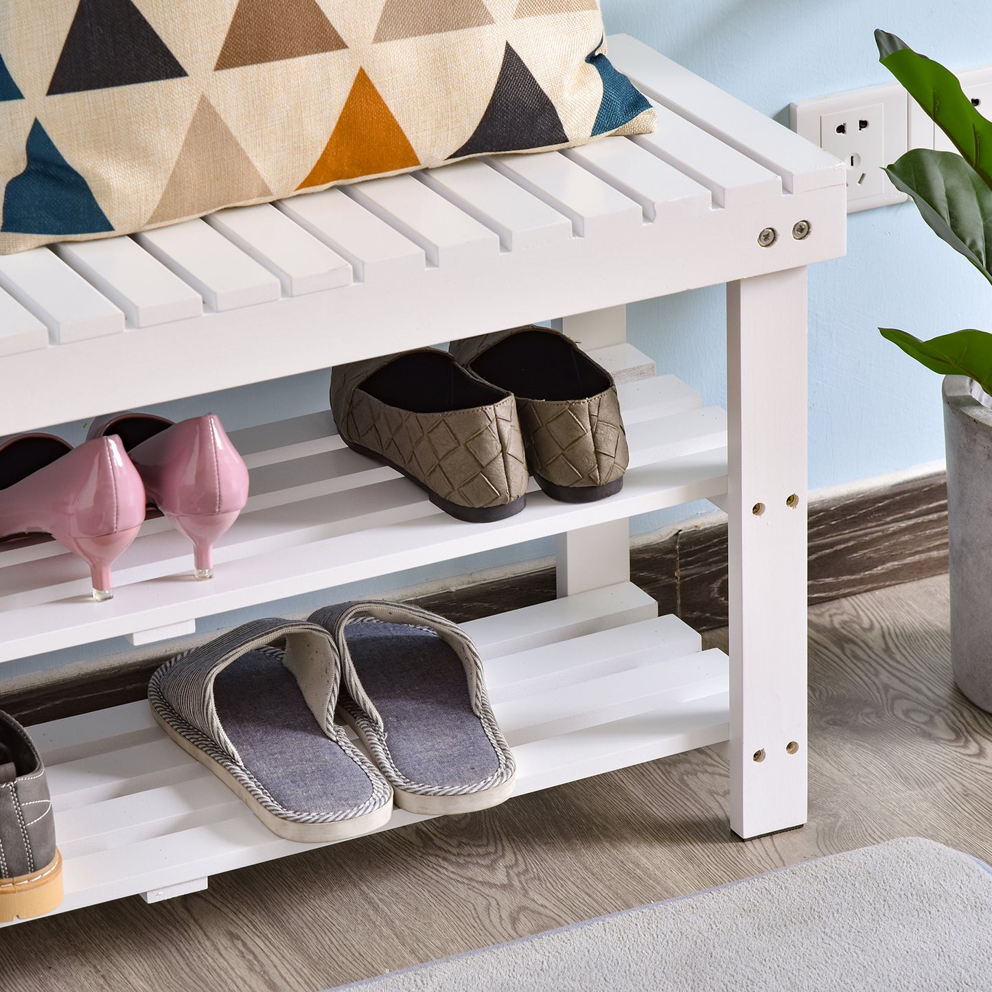 Shoe Bench, 3-Tier Wooden Shoe Rack with Hidden Storage Compartment, Slatted Shelves, Home Storage Unit, Hallway Furniture, White, 90L x 29W x45H cm, HOMCOM, 8
