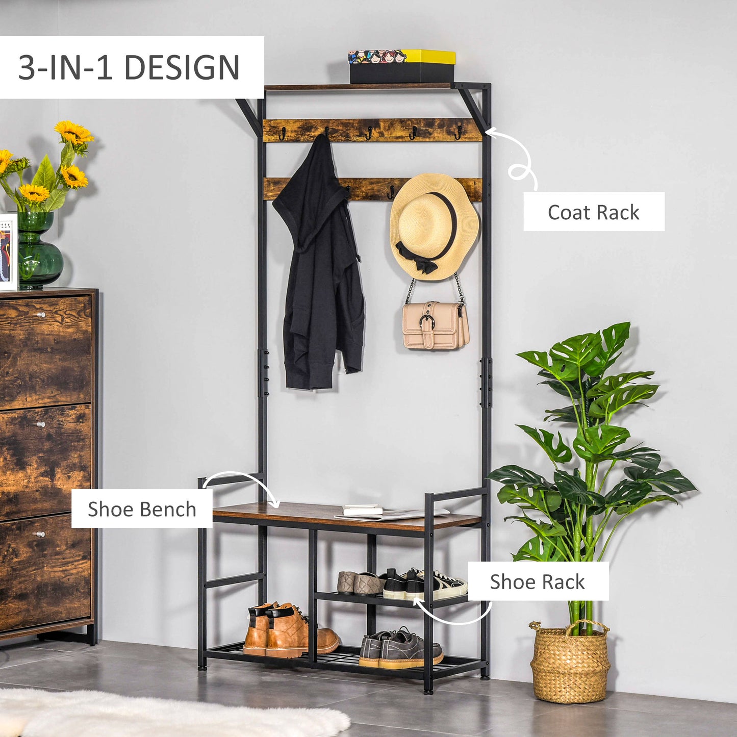 Coat Rack Stand Shoe Storage Bench with 9 Hooks Shelves for Bedroom Living Room Entryway Brown and Black 180cm, HOMCOM, 6