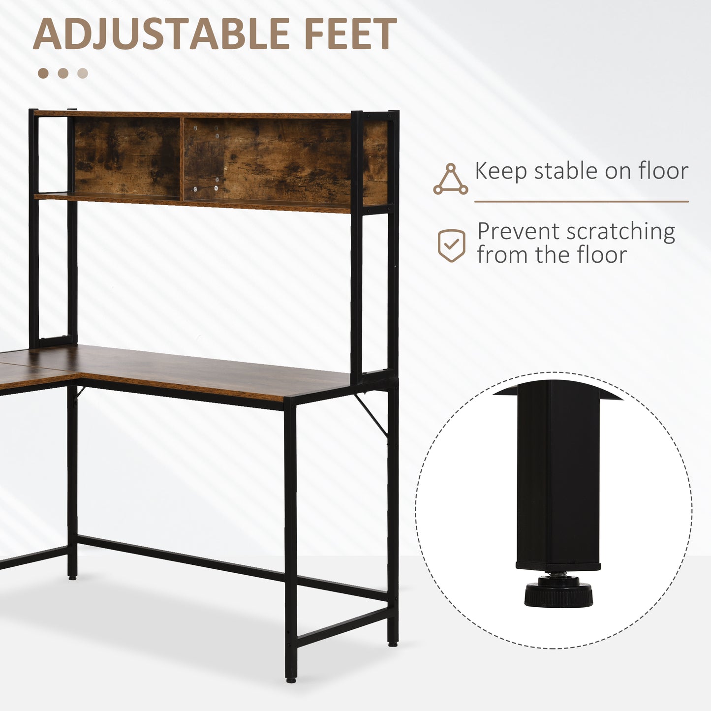 Reversible L Shaped Desk with Hutch, Industrial Computer Desk, Corner Desk with Storage Compartments and Steel Frame for Home Office, Study, 140 x 125cm, Brown, HOMCOM, 6