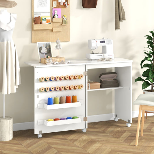 Folding Sewing Table with Storage Shelf and 5 Lockable Wheels-White, Costway, 2