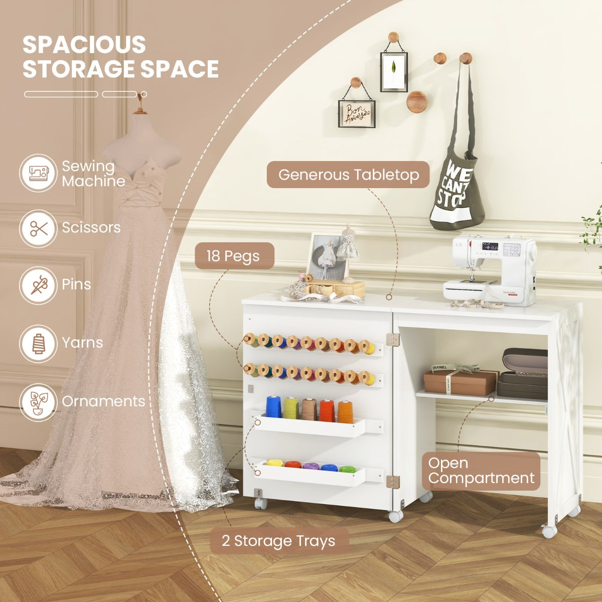 Folding Sewing Table with Storage Shelf and 5 Lockable Wheels-White, Costway, 7