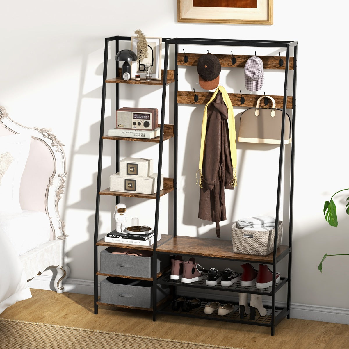 6-in-1 Freestanding Garment Coat Rack with 9 Hooks and 6 Storage Shelves, Costway, 2