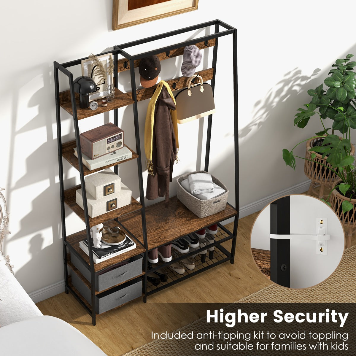 6-in-1 Freestanding Garment Coat Rack with 9 Hooks and 6 Storage Shelves, Costway, 3
