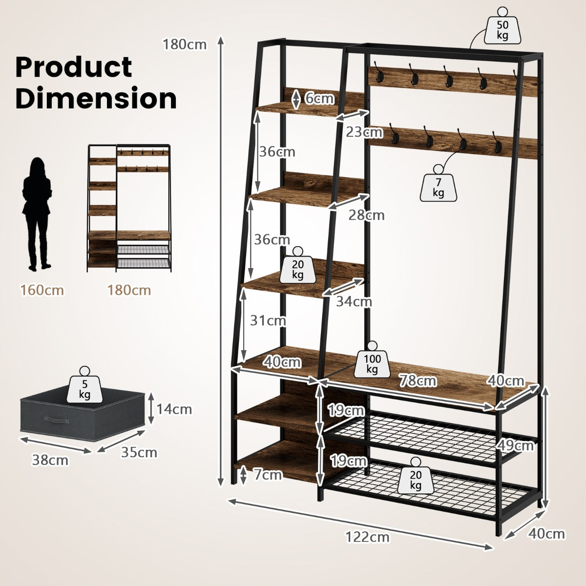 6-in-1 Freestanding Garment Coat Rack with 9 Hooks and 6 Storage Shelves, Costway, 4