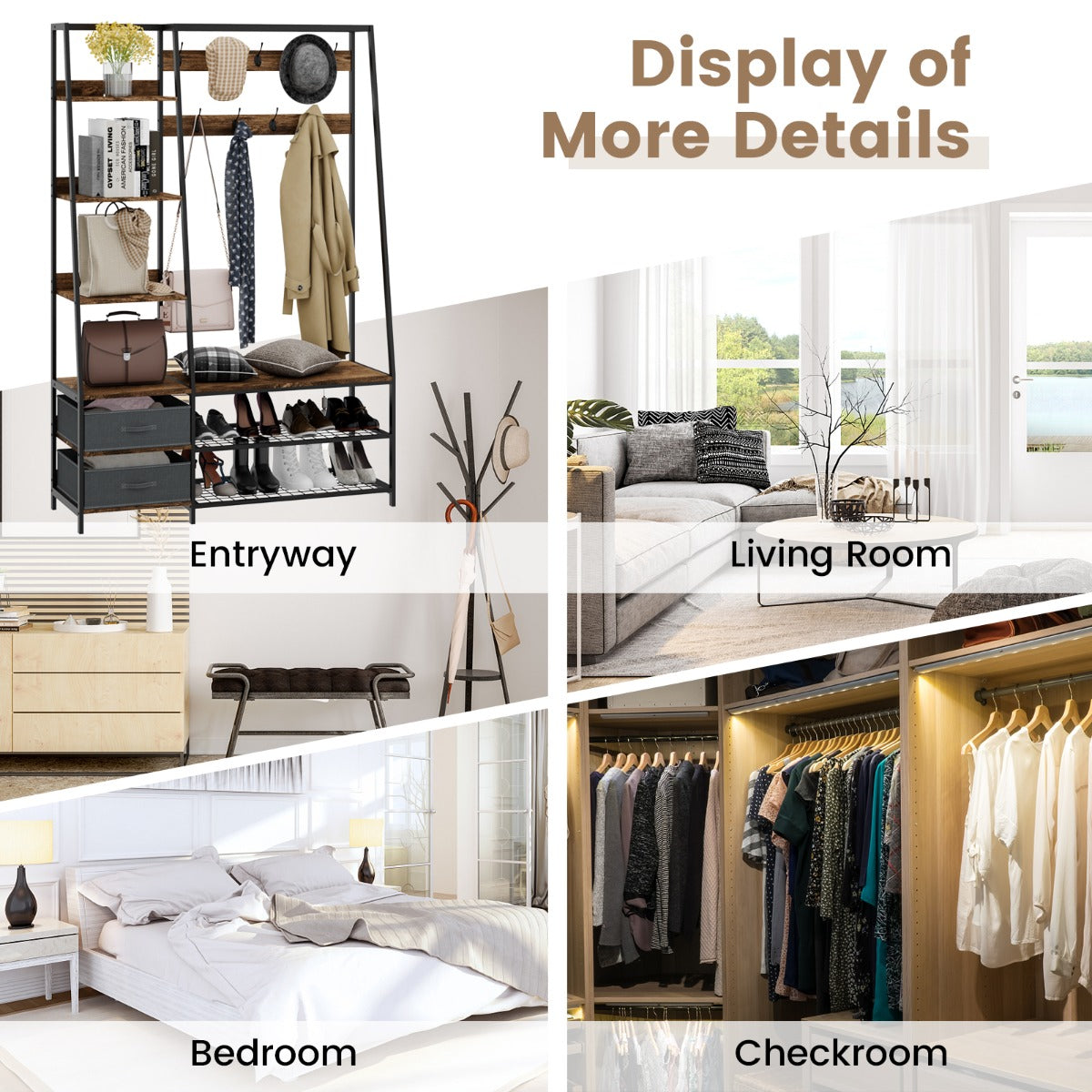 6-in-1 Freestanding Garment Coat Rack with 9 Hooks and 6 Storage Shelves, Costway, 5