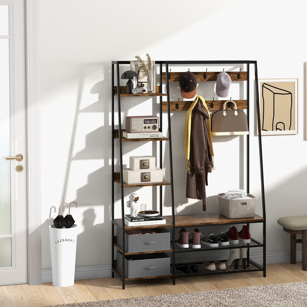 6-in-1 Freestanding Garment Coat Rack with 9 Hooks and 6 Storage Shelves, Costway, 6