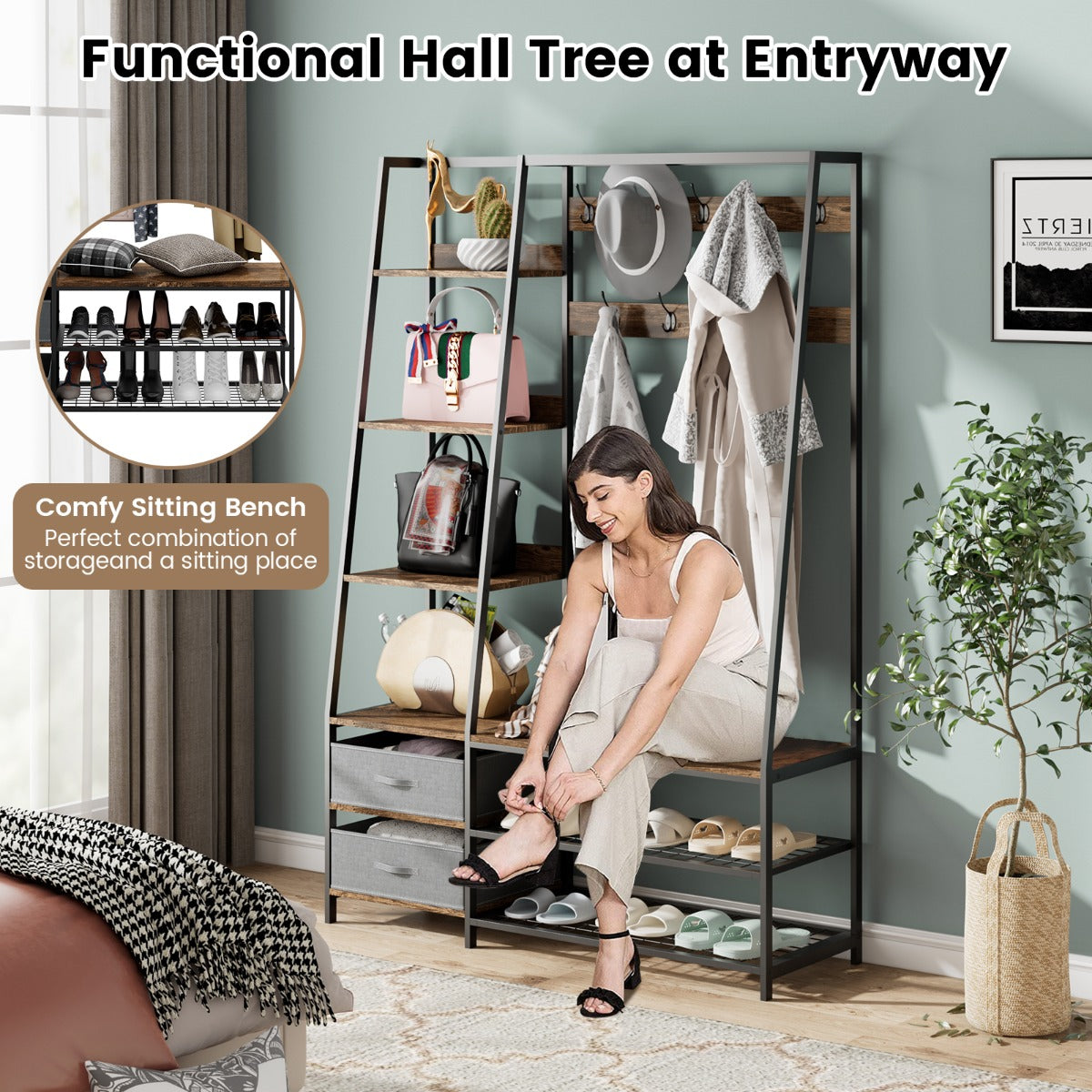 6-in-1 Freestanding Garment Coat Rack with 9 Hooks and 6 Storage Shelves, Costway, 7