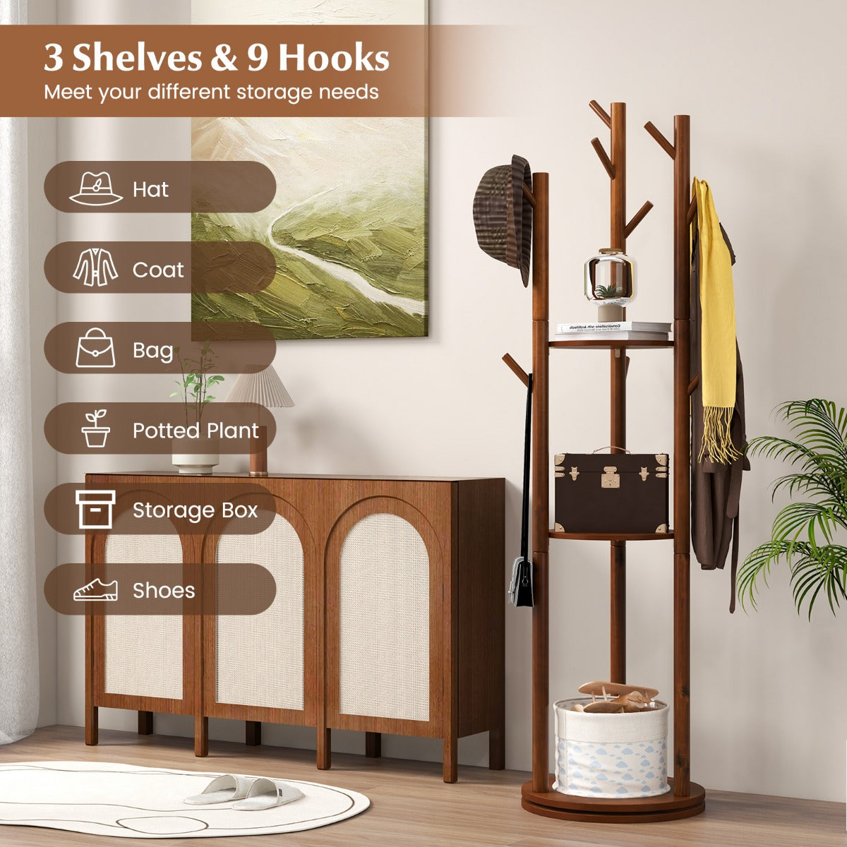 Freestanding Wooden Coat Tree with 3 Display Storage Shelves and 9 Hooks, Costway, 7