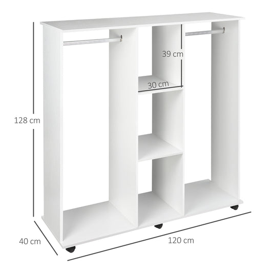 Open Wardrobe Double Mobile Storage Shelves Organizer W/6 Wheels-White, HOMCOM, 3