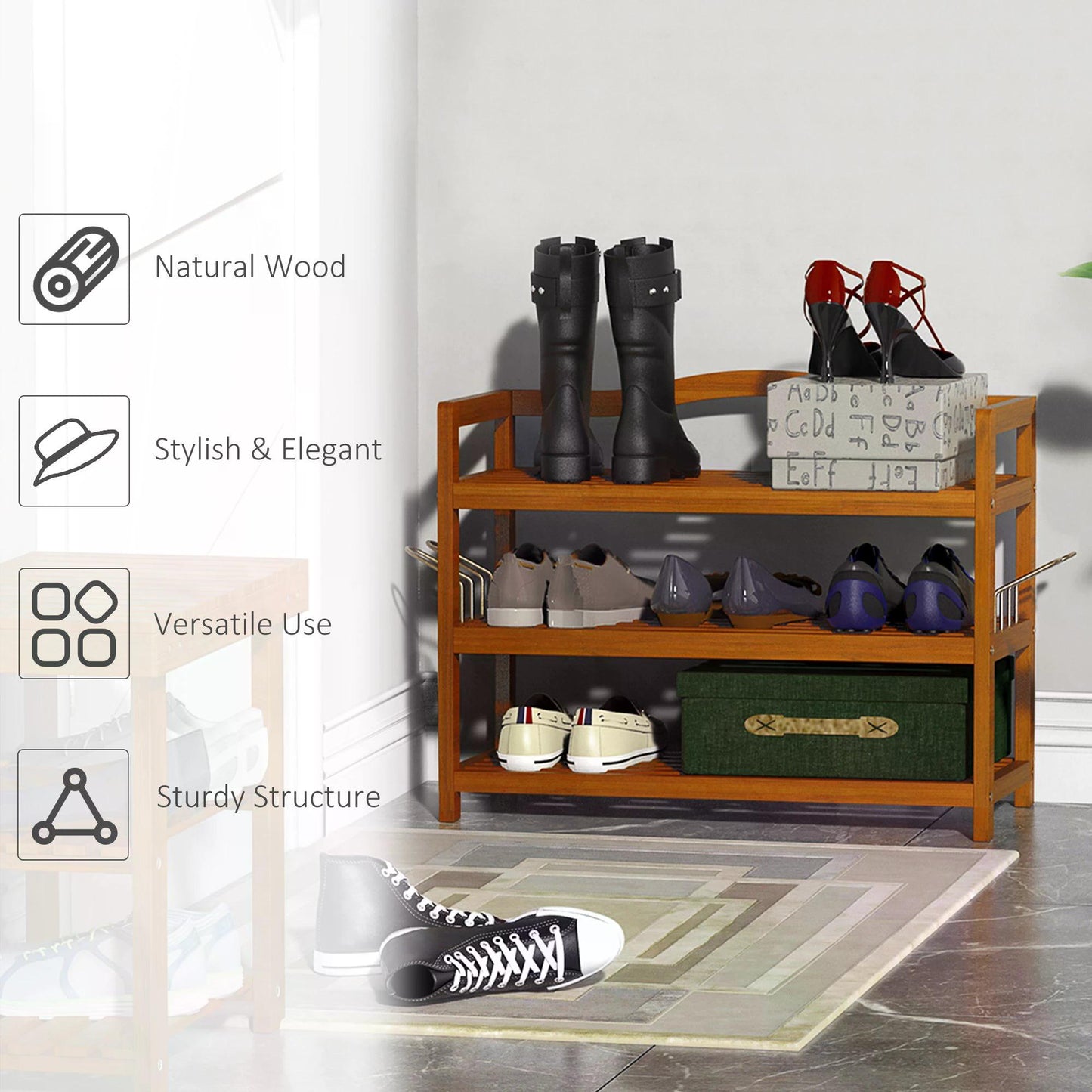 3-Tier Shoe Rack, Acacia Wooden Shoe Storage Organiser with 2 Hangers, Holds up to 12 Pairs, for Entryway, Living Room, 74 x 26 x 62 cm, Teak, HOMCOM, 6