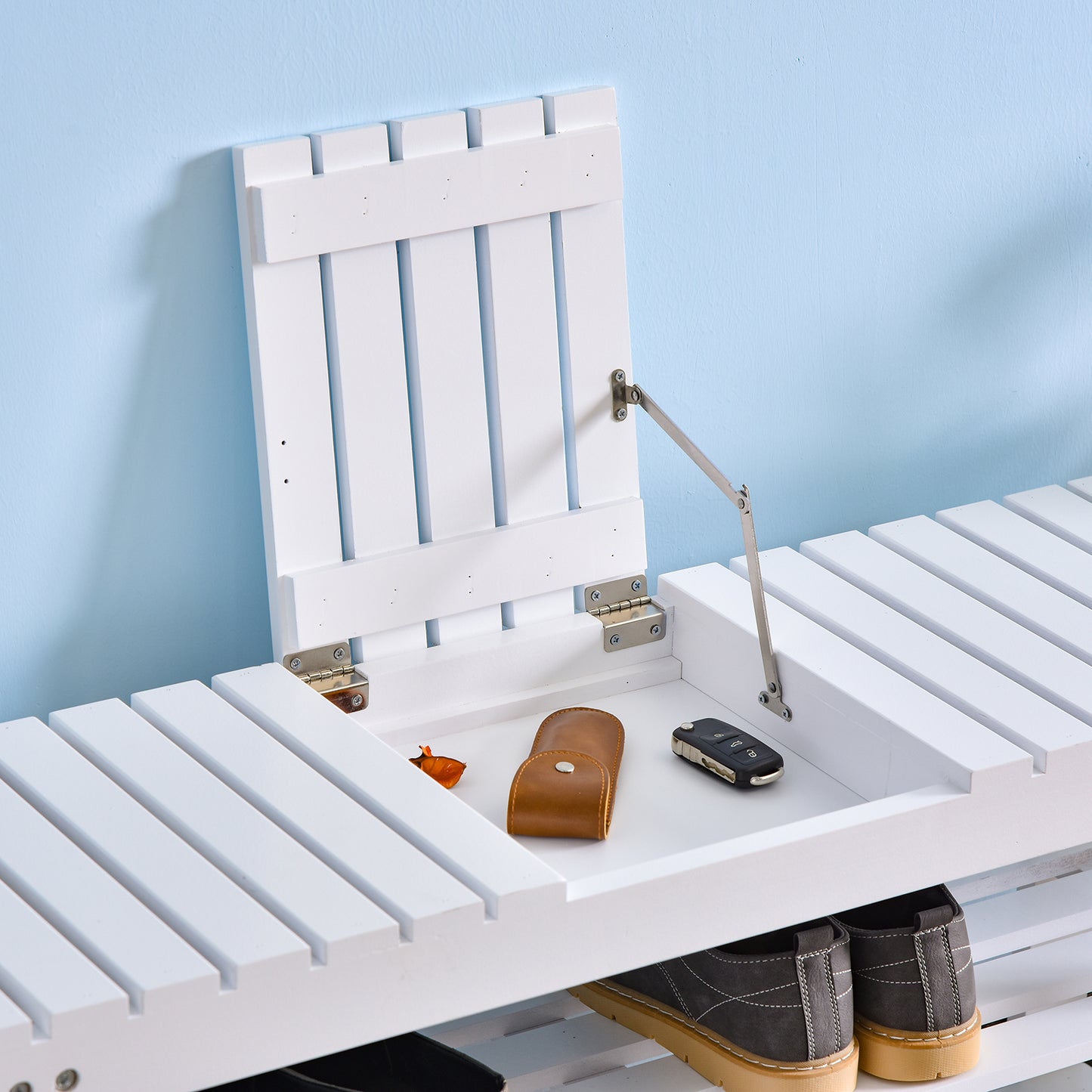 Shoe Bench, 3-Tier Wooden Shoe Rack with Hidden Storage Compartment, Slatted Shelves, Home Storage Unit, Hallway Furniture, White, 90L x 29W x45H cm, HOMCOM, 7