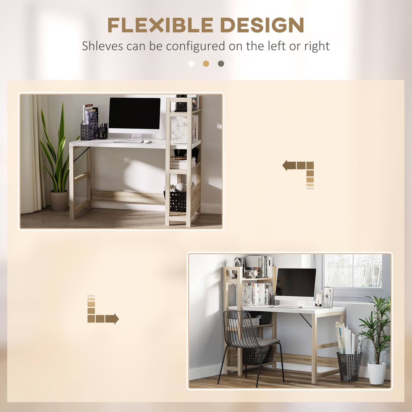 Computer Desk with 3 Tier Storage Shelves on Left or Right, 120cm Writing Table for Home Office, Study, Bedroom, White and Oak, HOMCOM, 5