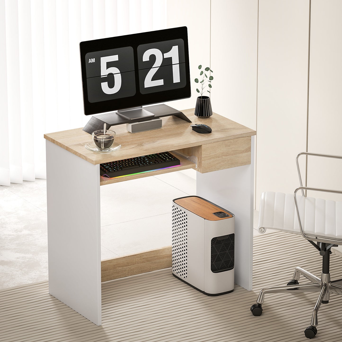 Compact Computer Table with Keyboard Tray Drawer Study Office Working Writing Desk, Oak Colour, HOMCOM, 2