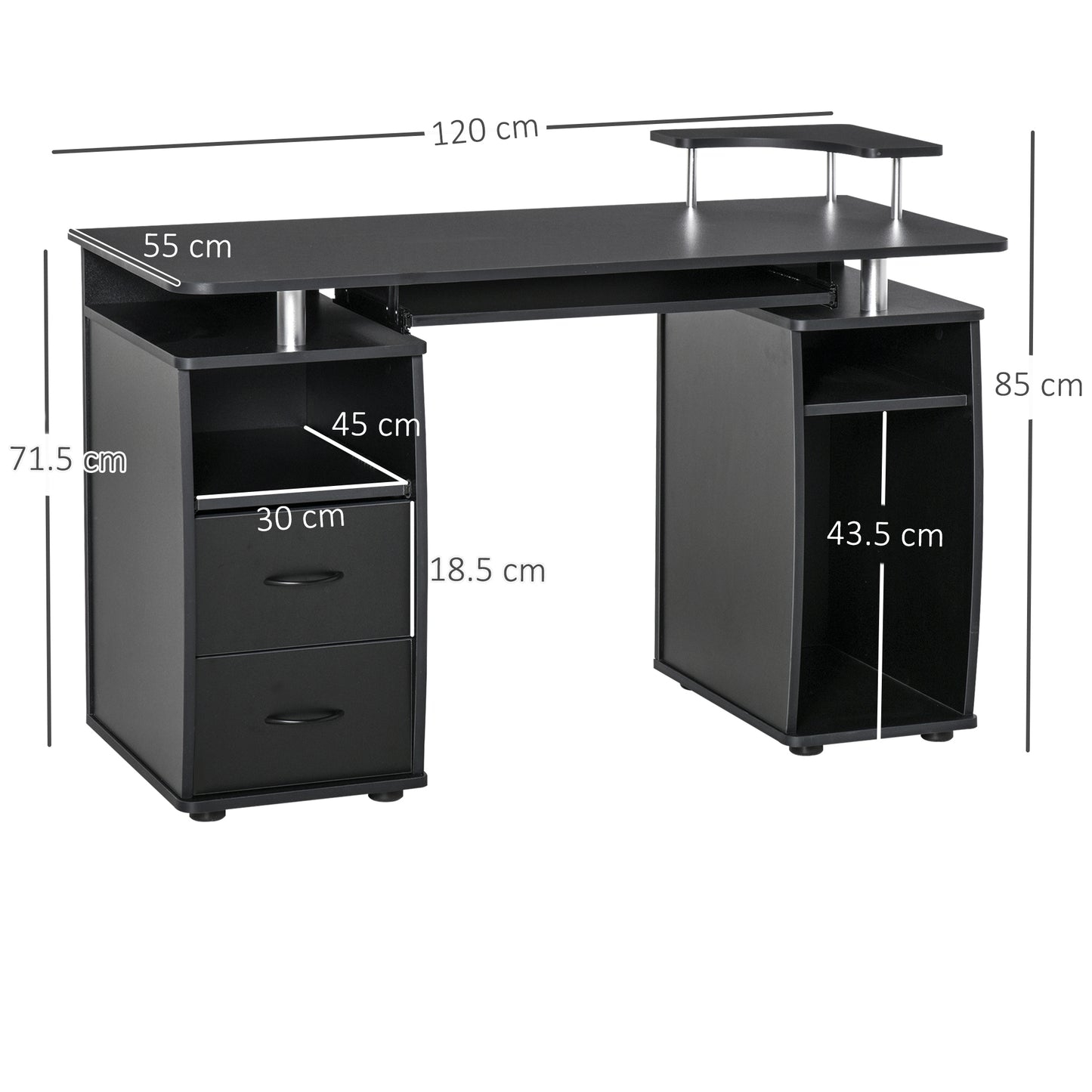 Computer Desk Office PC Table Workstation with Keyboard Tray, CPU Shelf, Drawers, Sliding Scanner Shelf, Black, HOMCOM, 3