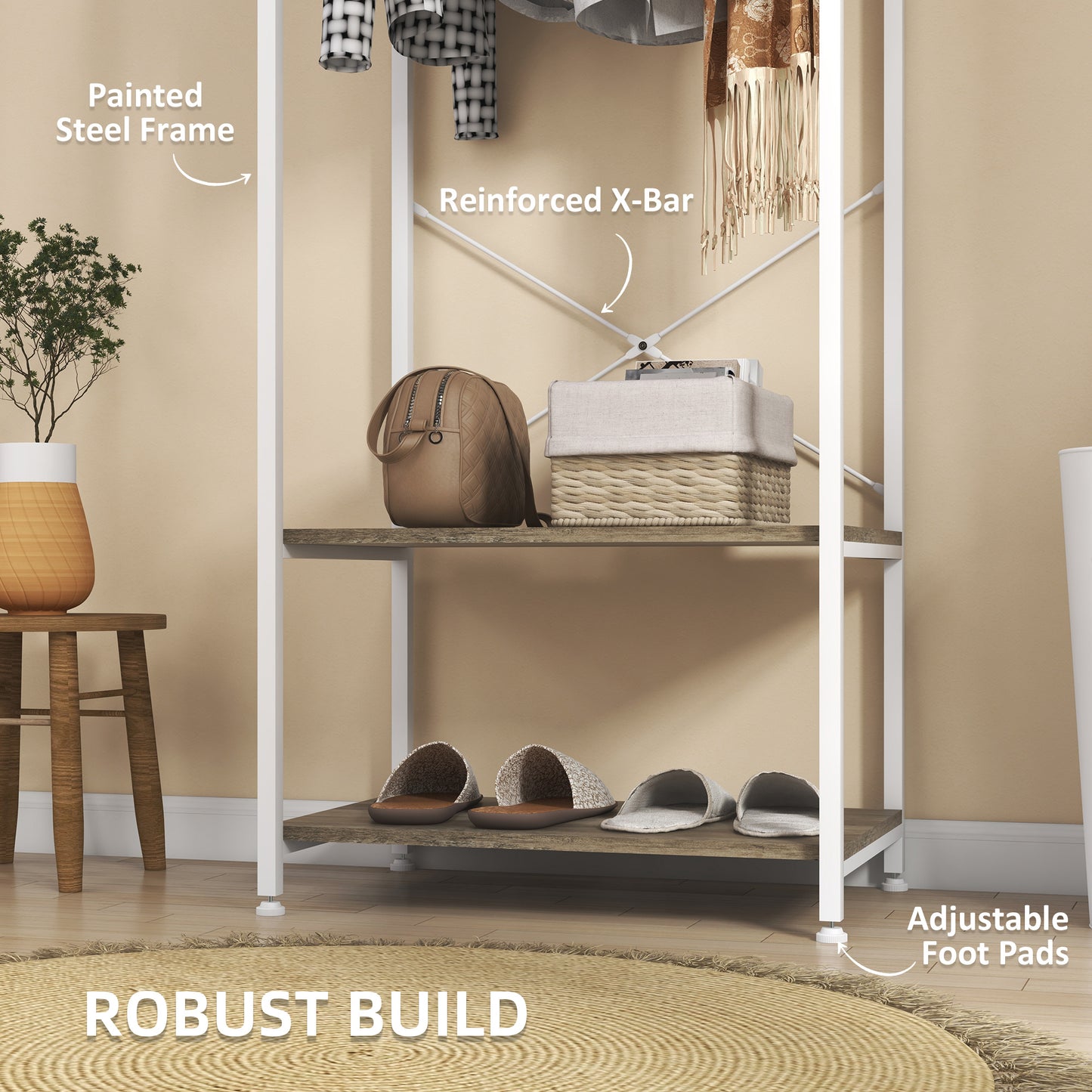Hallway Coat Rack and Shoe Bench Tree - Grey, HOMCOM, 5