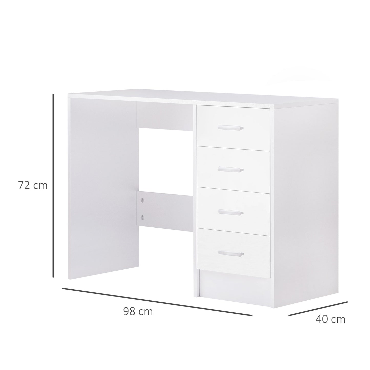 Computer Desk with Drawers, Dressing Table, High Gloss Home Office Writing Workstation, White, HOMCOM, 3