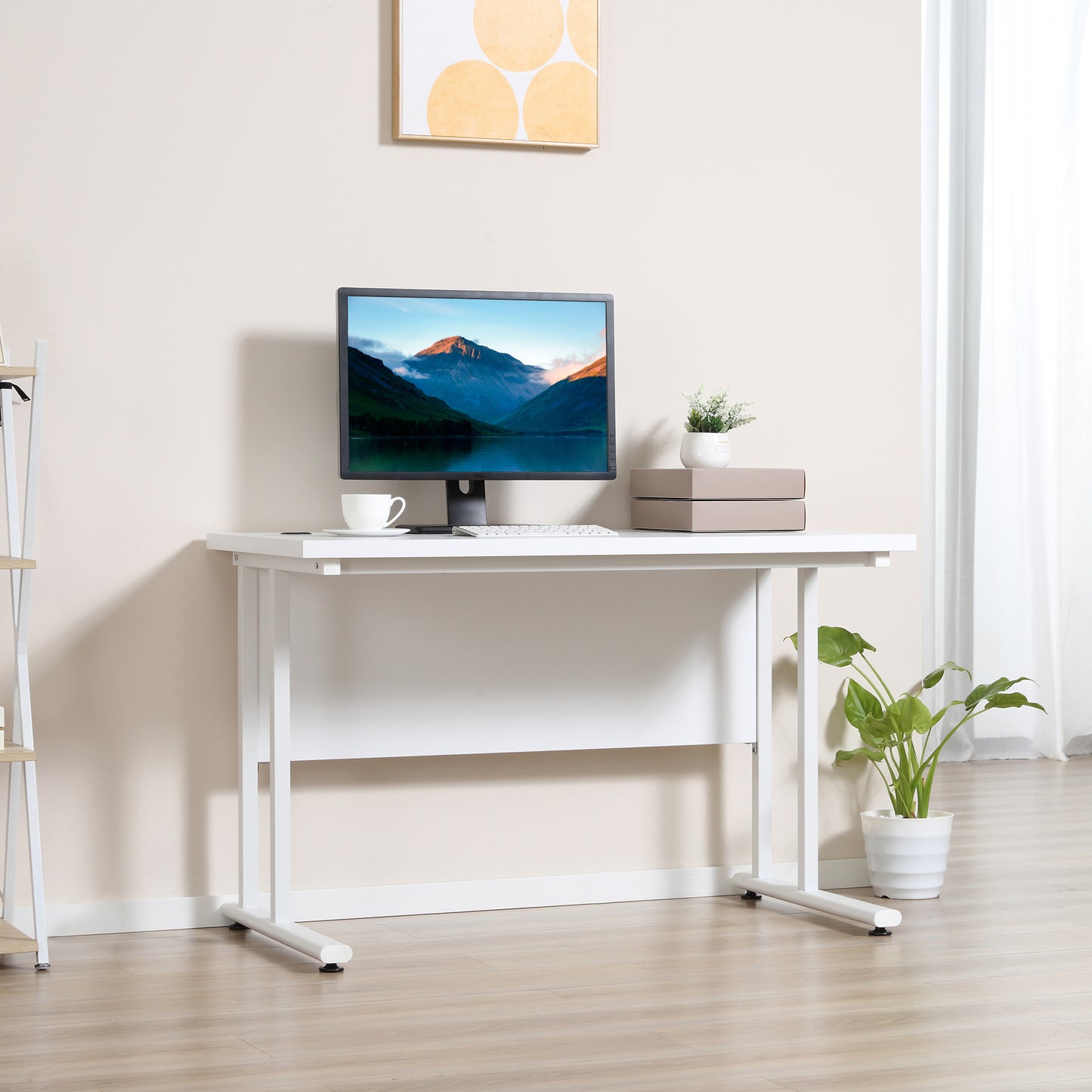 Computer Desk, Home Office Desk, Writing Table, 120x60x75cm Laptop Workstation with 2 Cable Management Holes, C Shaped Metal Legs for Adults, White, HOMCOM, 2