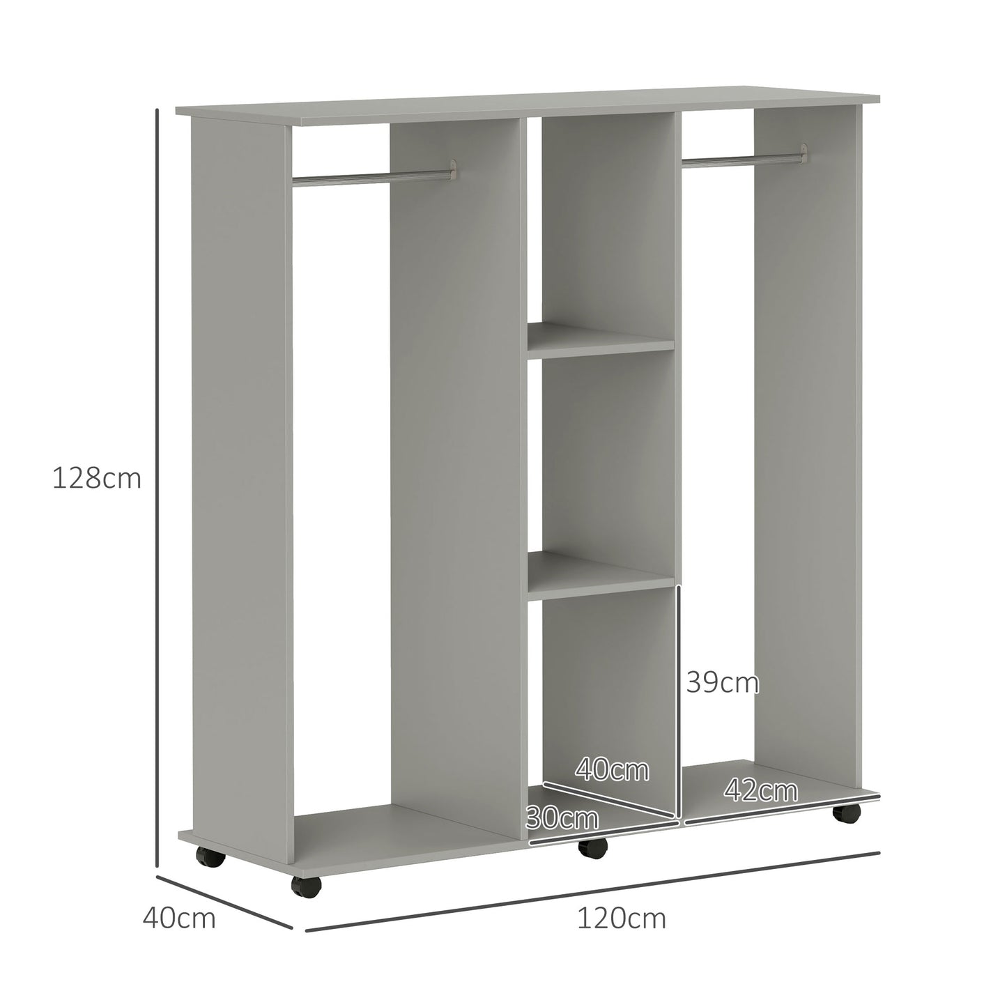 Double Open Wardrobe on Wheels, Bedroom Wardrobe with Clothes Hanging Rails, 3 Storage Shelves, Mobile Garment Rack for Cloakroom, Hallway, Grey, HOMCOM, 3
