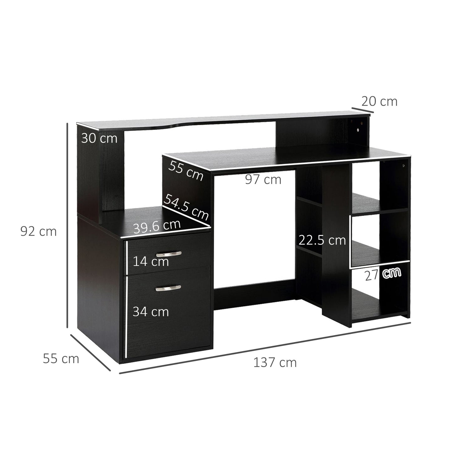 Computer Desk with Drawers and Storage Shelves, Reception Desk, Study Workstation for Home Office, 137 x 55 x 92cm, Black, HOMCOM, 3