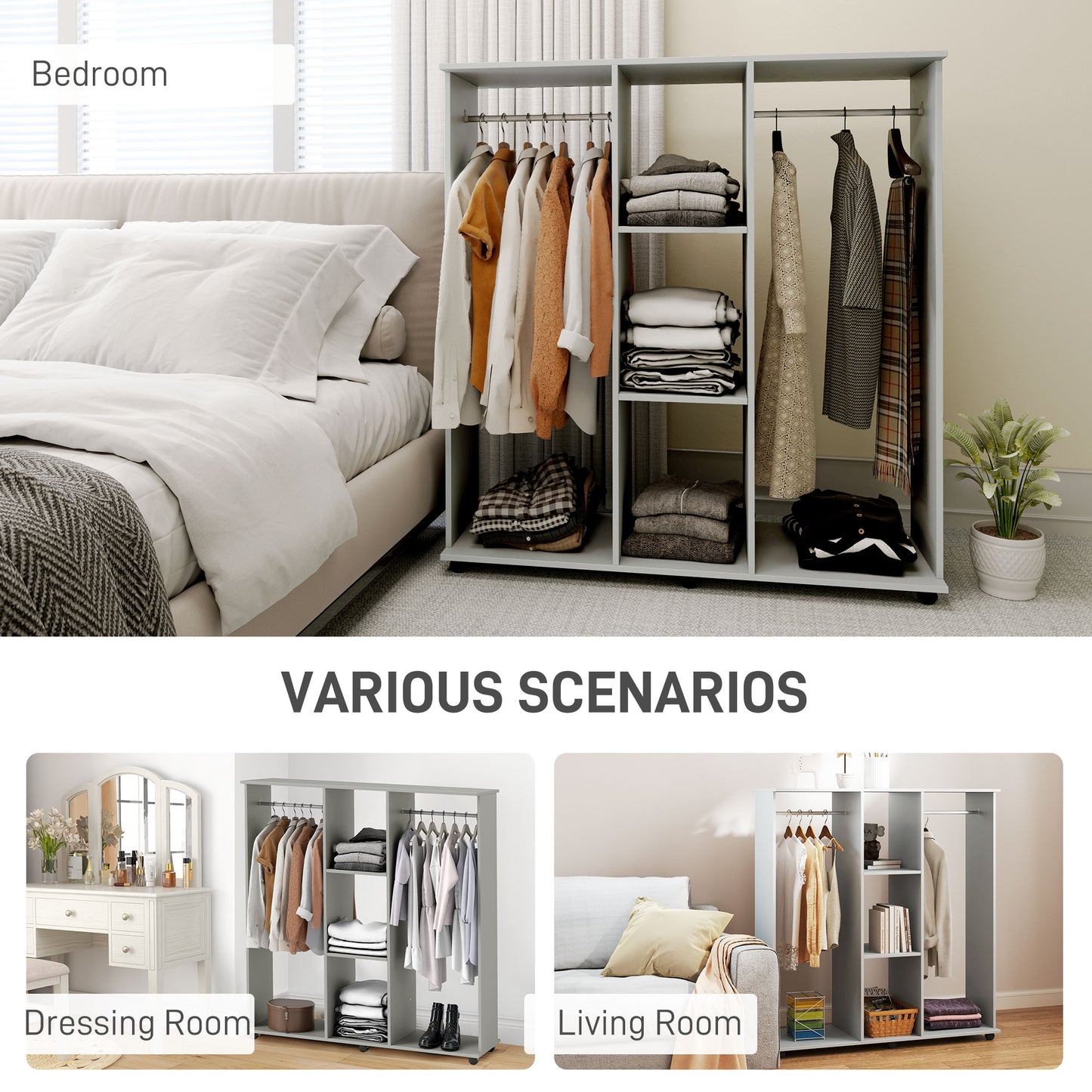 Double Open Wardrobe on Wheels, Bedroom Wardrobe with Clothes Hanging Rails, 3 Storage Shelves, Mobile Garment Rack for Cloakroom, Hallway, Grey, HOMCOM, 5