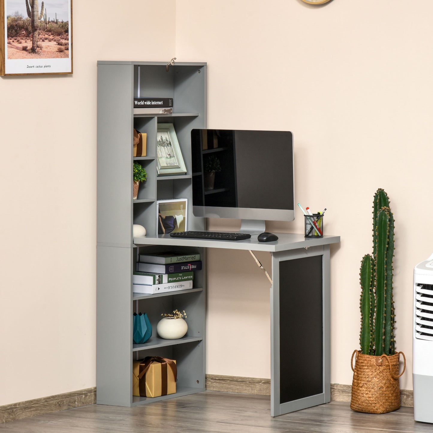 Folding Convertible Desk with Blackboard Multi-function Computer Office Workstation Side Shelf for Home Office, Grey, HOMCOM, 2