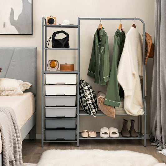 Heavy Duty Clothes Rack with 6 Removable Drawers and 3-Tier Open Shelves-Grey, Costway, 2