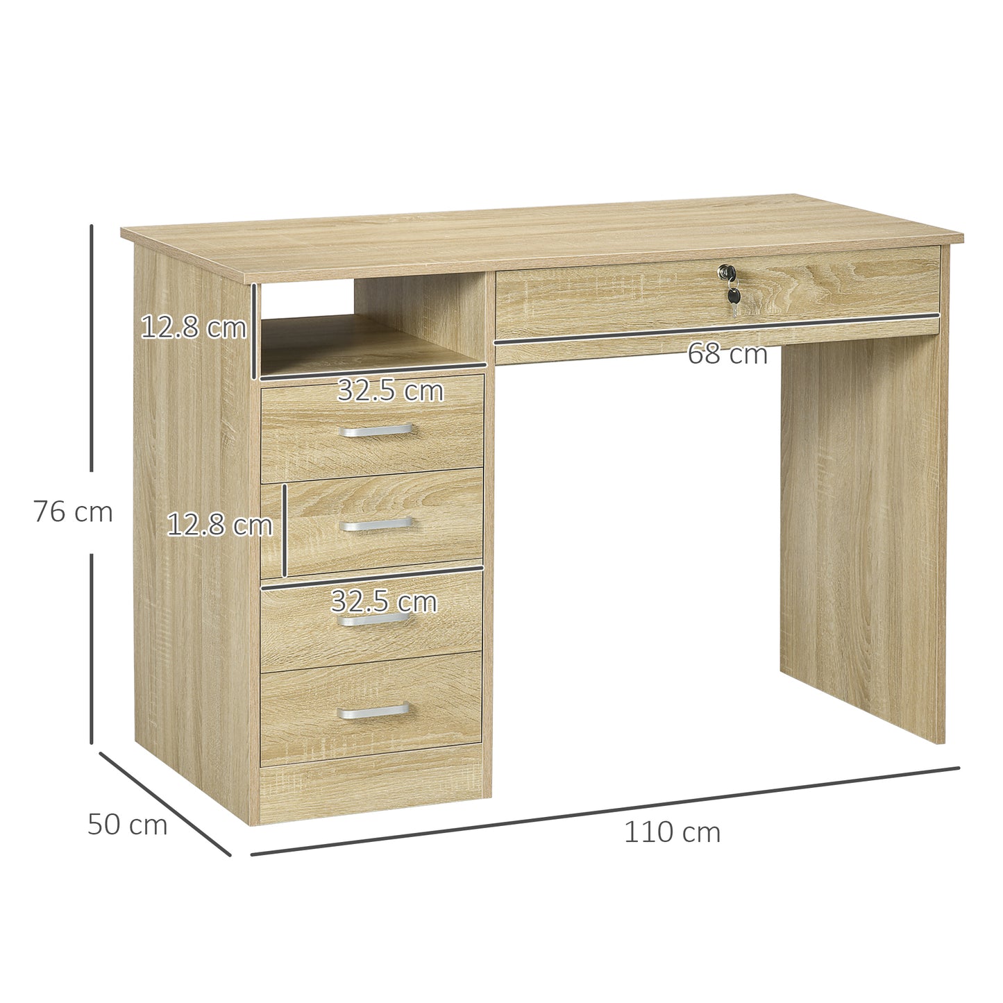 Computer Desk, Home Office Desk with Lockable Drawer, Storage Shelf for Study Bedroom, 110 x 50 x 76 cm, Oak, HOMCOM, 3