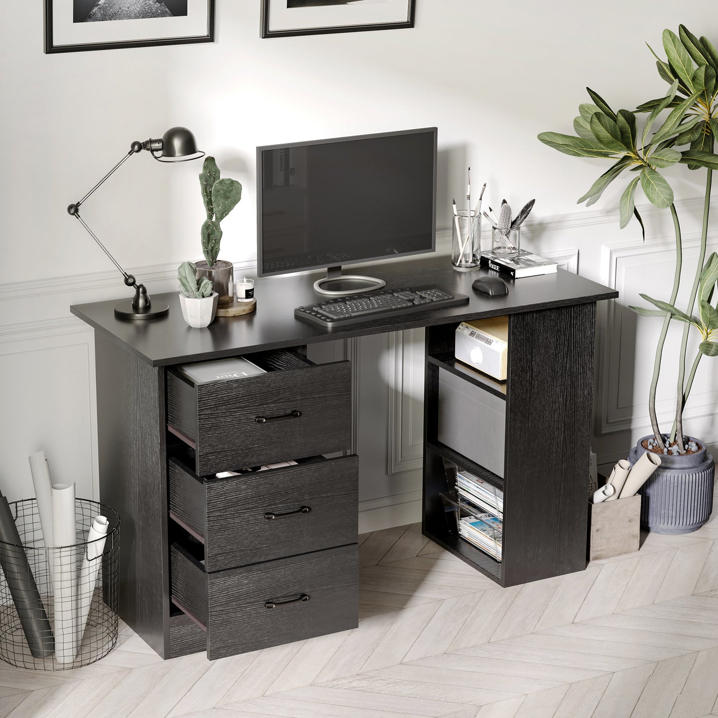 Computer Desk, Writing Table, PC Workstation with 3 Storage Shelves and Drawers, Black Handle, for Home Office, Black, HOMCOM, 7