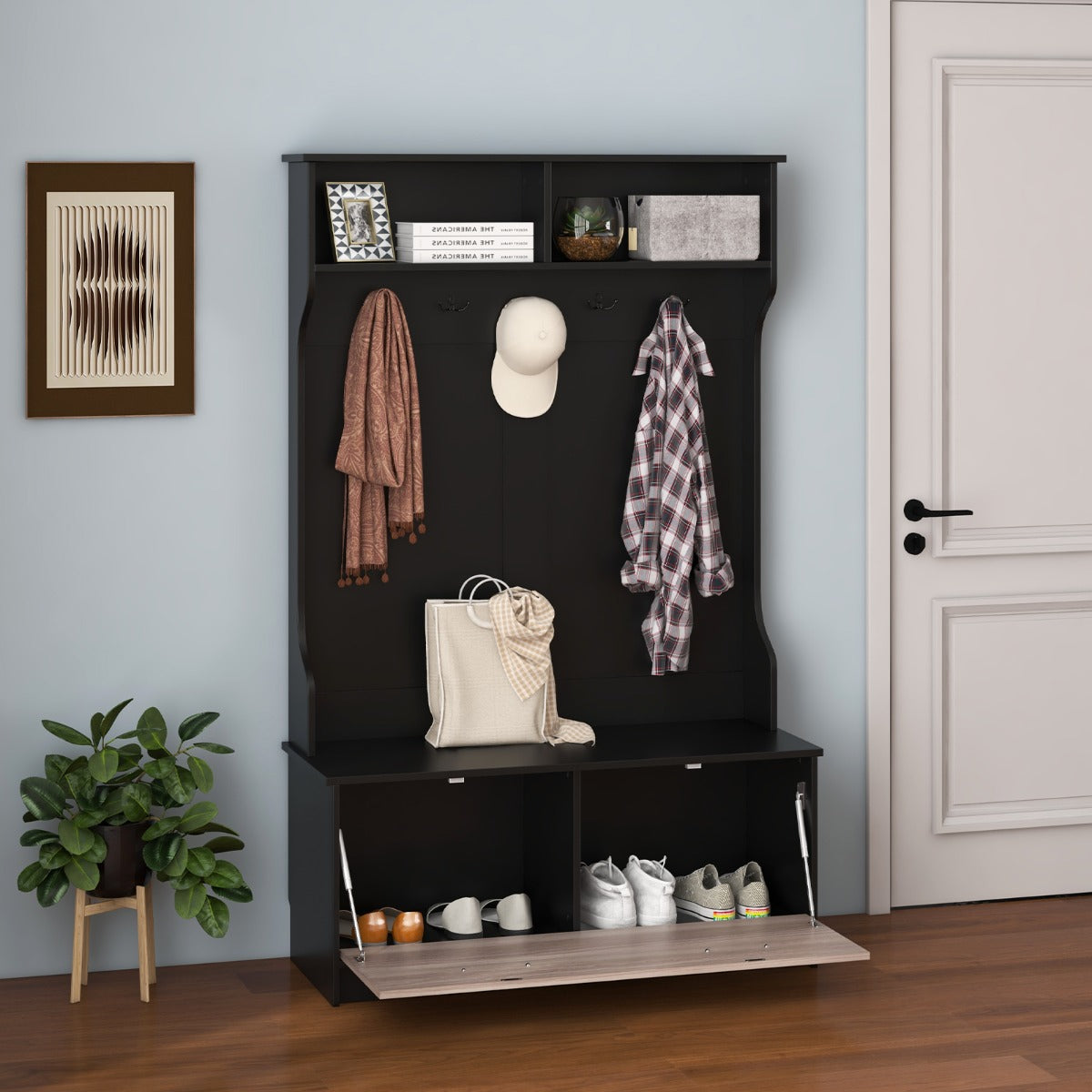 63 Inches Hall Tree with Coat Rack and Storage Bench-Black, Costway, 1