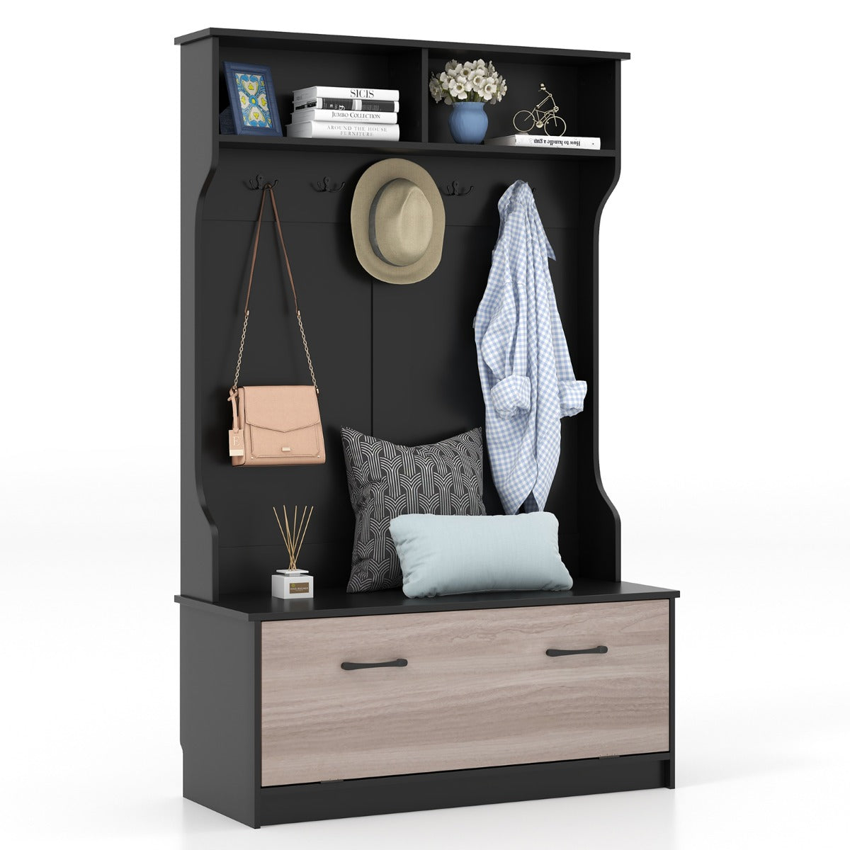 63 Inches Hall Tree with Coat Rack and Storage Bench-Black, Costway, 1