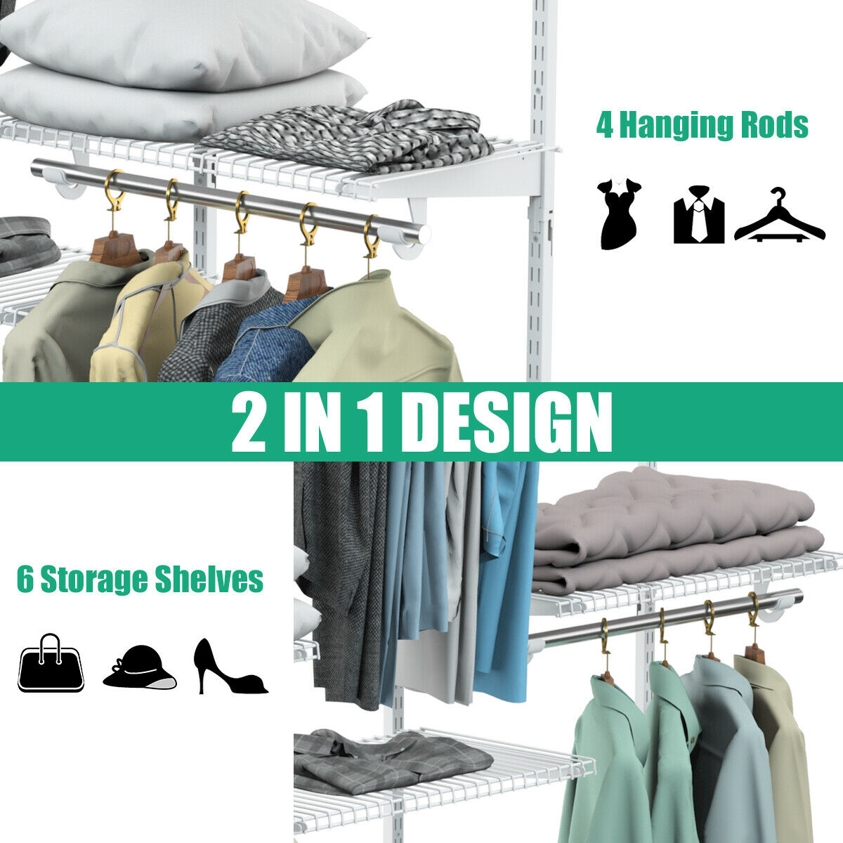 Closet Organiser System with Hanging Rod and Adjustable Metal Rail, Costway, 5