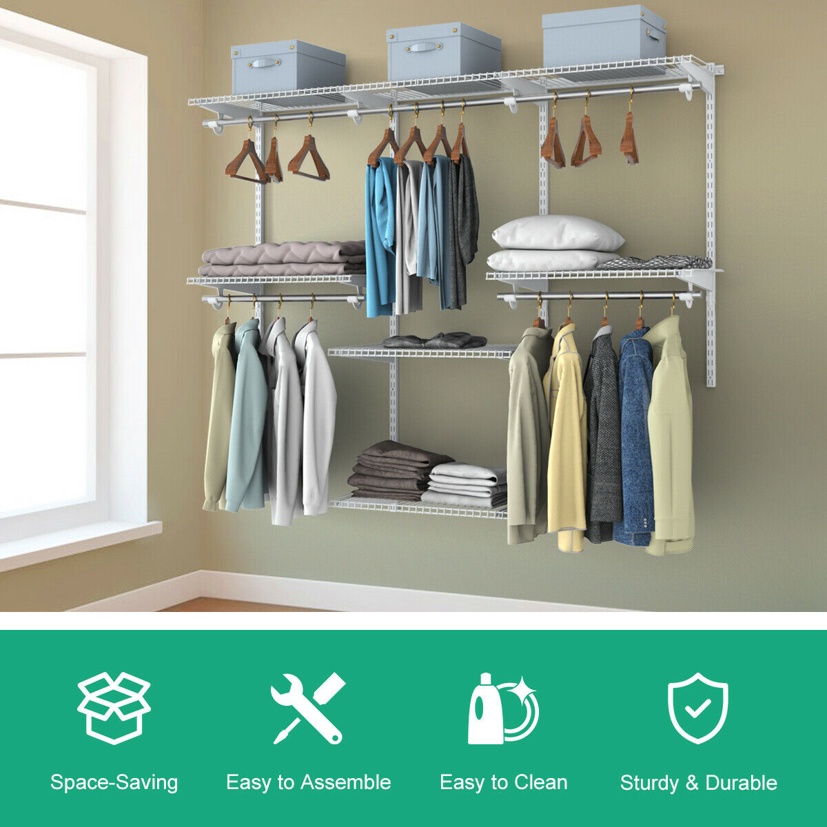 Closet Organiser System with Hanging Rod and Adjustable Metal Rail, Costway, 3
