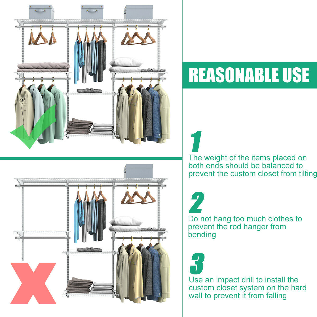 Closet Organiser System with Hanging Rod and Adjustable Metal Rail, Costway, 6