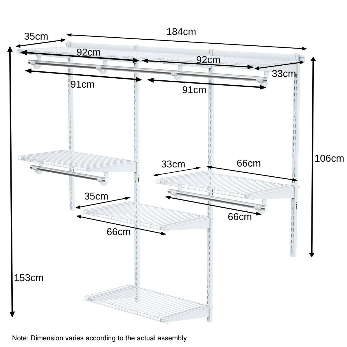 Closet Organiser System with Hanging Rod and Adjustable Metal Rail, Costway, 4