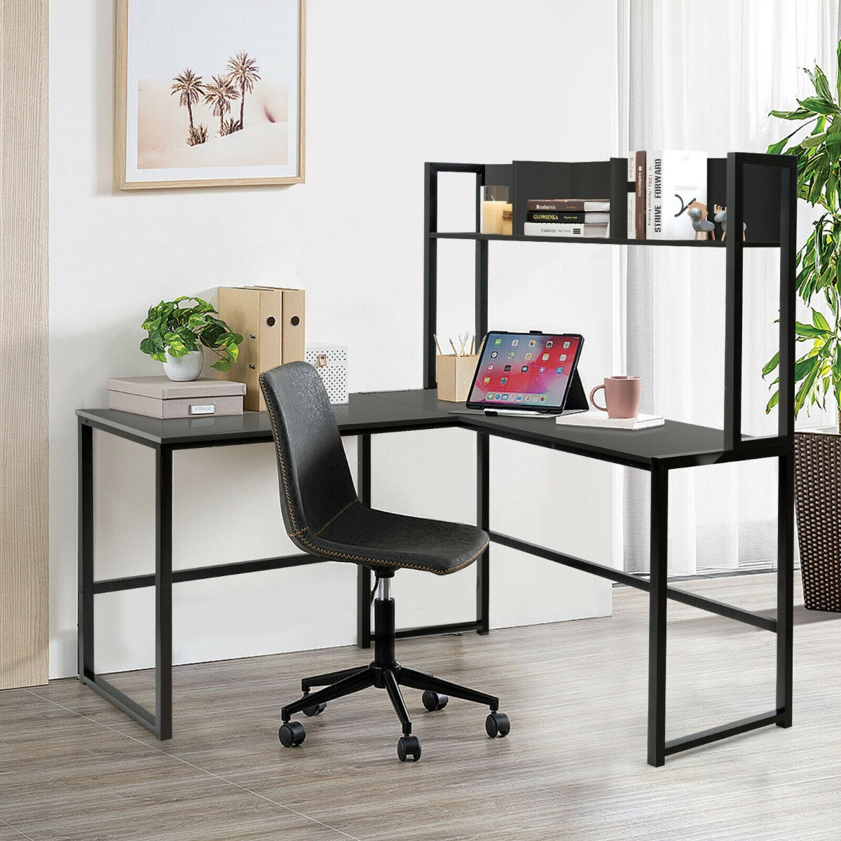 L-Shaped Corner Computer Desk with Storage Bookshelf-Black, Costway, 7