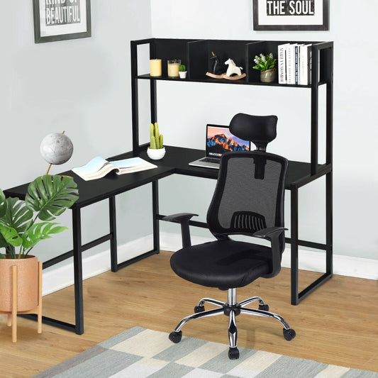 L-Shaped Corner Computer Desk with Storage Bookshelf-Black, Costway, 2