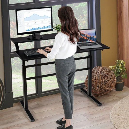 2-Tier Height Adjustable Standing Desk with Crank Handle-Black, Costway, 2